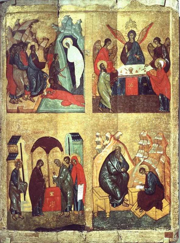 Икона четырехчастная: Воскрешение Лазаря, Троица, Сретение, Святые Иоанн Богослов и Прохор